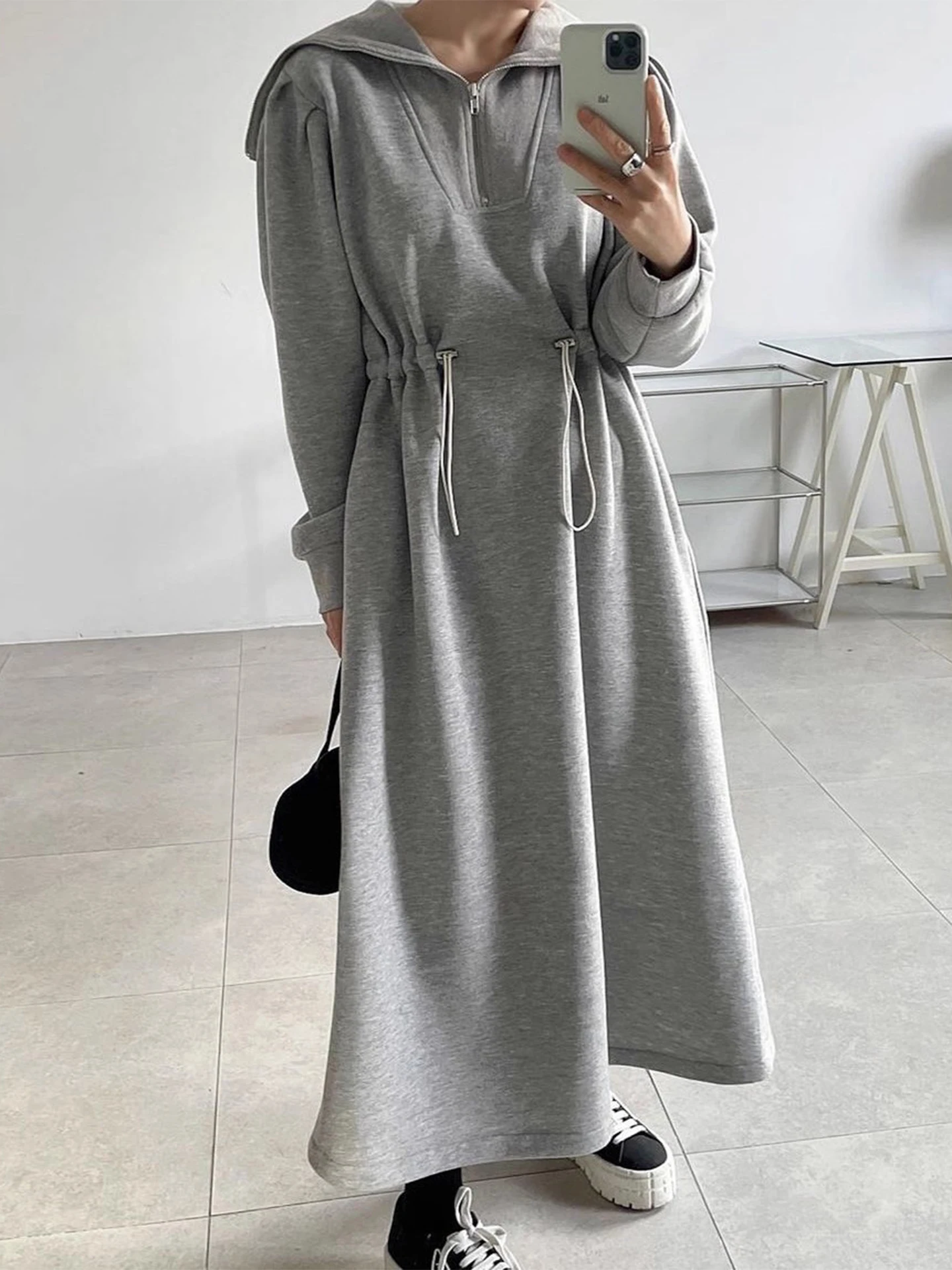 Anti-Aging Ele Collared f-Zip Dstring Hoodie Dr Damen Winter Schlankheits Langer Rock Hohe Taille Pendeln Sle