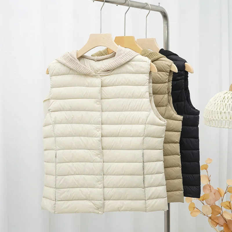 

Knitted Patchwork Hooded Down Waistcoat Jacket Winter Women Light Thin White Duck Down Vest Coat Lady Warm Sleeveless Short Tank