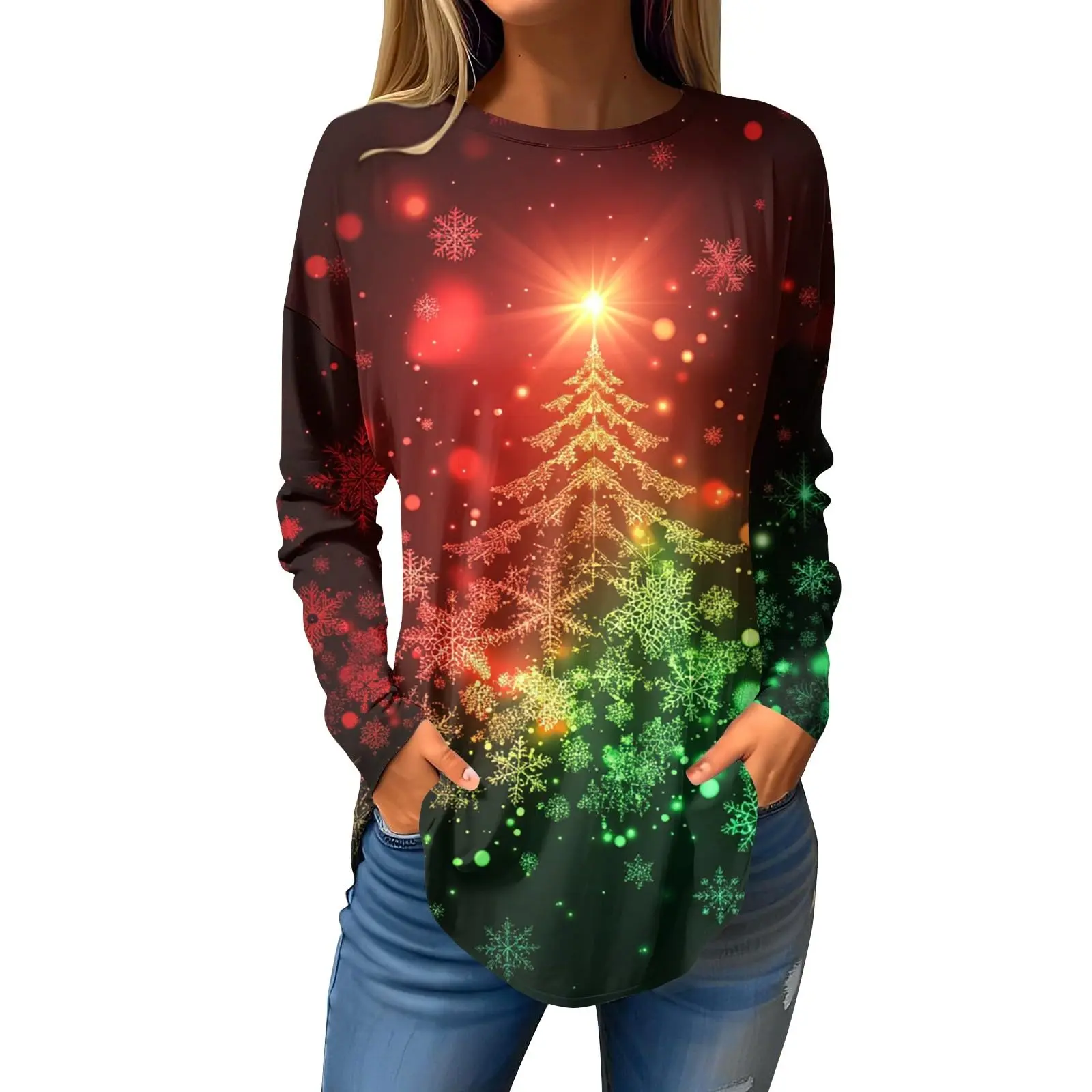 T-shirt a maniche lunghe girocollo con stampa rossa albero di Natale 3D da donna in edizione limitata natalizia Top casual a maniche lunghe alla moda