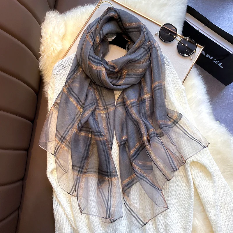 2023 Real Silk Scarf Women Designer Brand Foulard Hijab Scarves Lady Pashmina Green stripe Bandana Neck Shawls Wraps