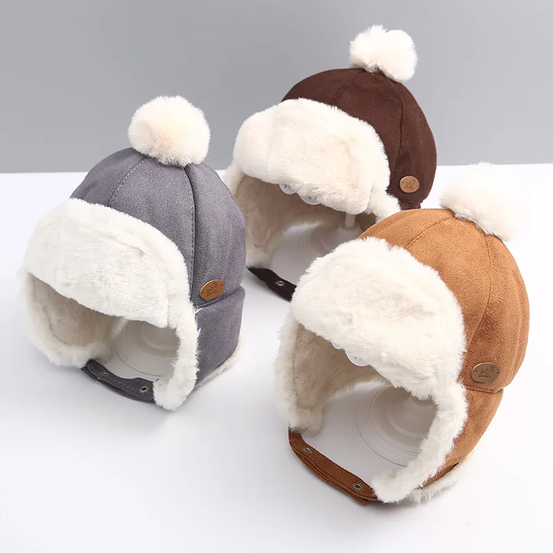 Faux Fur Baby Winter Hat for Girls Boys Skiing Infant Bonnet Baby Cap with Earflap Pompom Plush Lining Toddler Beanie 1-3Y