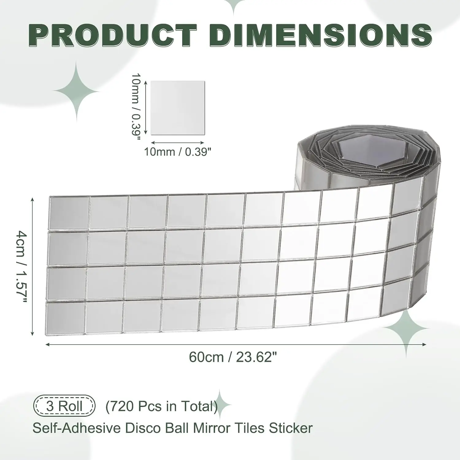 720 Pcs Mirror Mosaic Tiles 10 x 10 mm Square Acrylic Self-Adhesive Disco Ball Mirror Tiles Sticker for DIY Craft Decoration Art