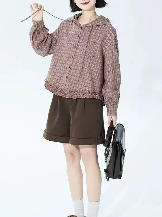 Retro Sle oranje geruite capuchon lange Sve losse irt dubbellaags houten omzoomde top voor dames herfst faion dames...