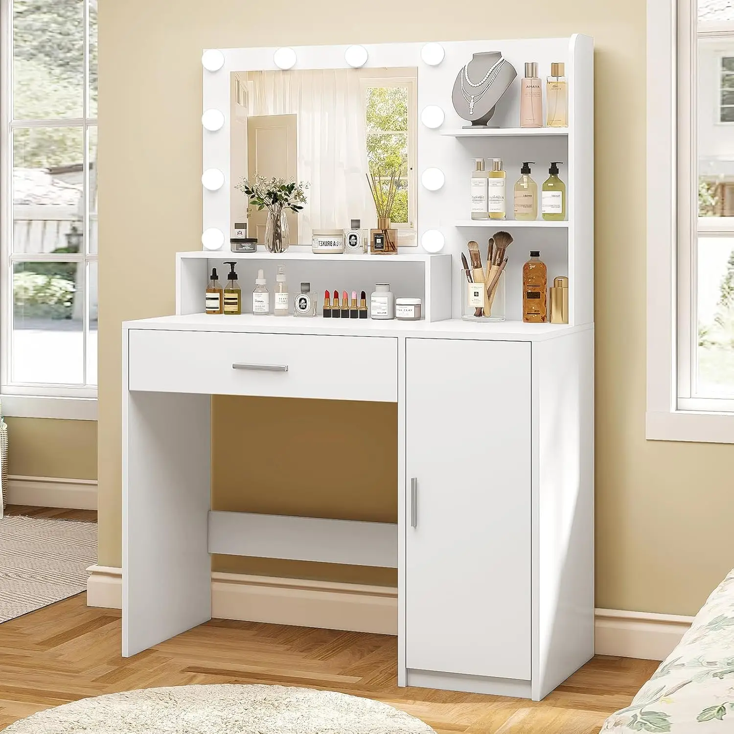 Makeup Vanity Desk with Mirror and Lights, with Large Drawer & Shelves & Cabinet, 3 Color Modes & Adjustable Brightness