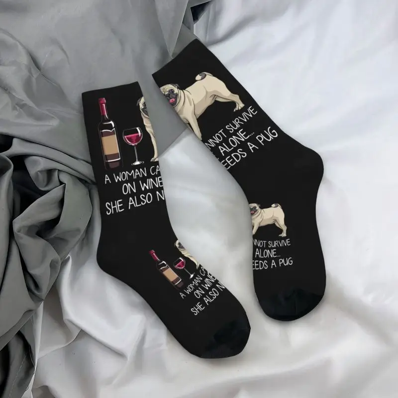 Funny Pug Dog And Wine Mens Crew Socks Unisex Novelty Puppy Cartoon Spring Summer Autumn Winter Dress Socks