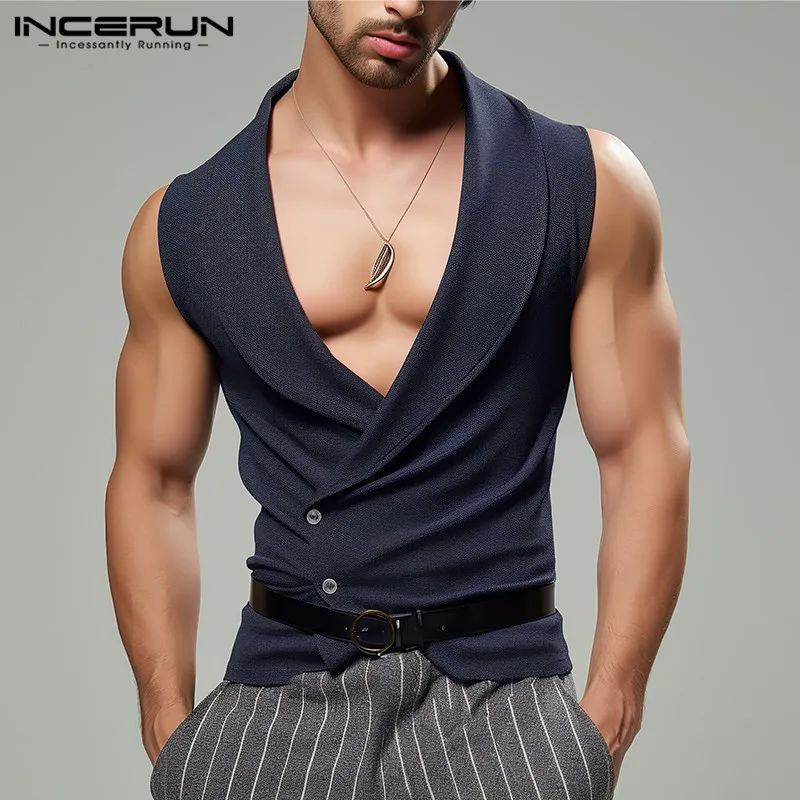 

2024 Men Vests Solid Color Lapel Sleeveless Button Casual Male Waistcoats Streetwear Fitness Fashion Leisure Vests S-5XL INCERUN