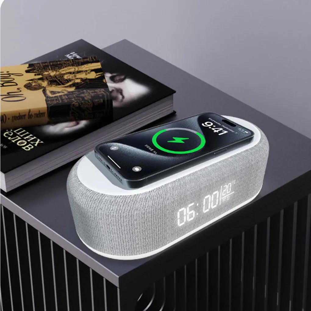 Smart Six In One Wireless Charger With Colorful Speaker And Alarm Clock Safe Charging. Sound System