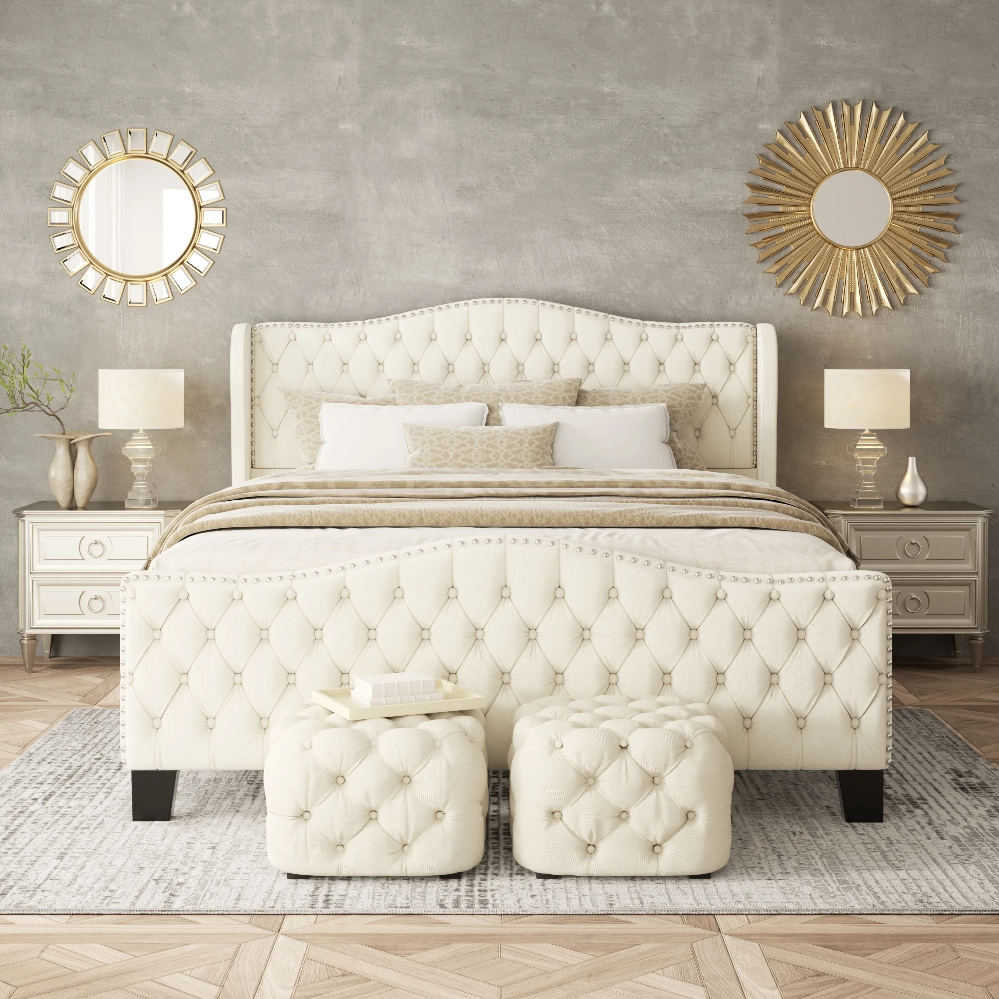 King Size Bed Frame with 51-inch Tall Camelback Headboard & Wingback, Deep Button Tufted Footboard with Nailhead Trim, Dark Gray/Beige