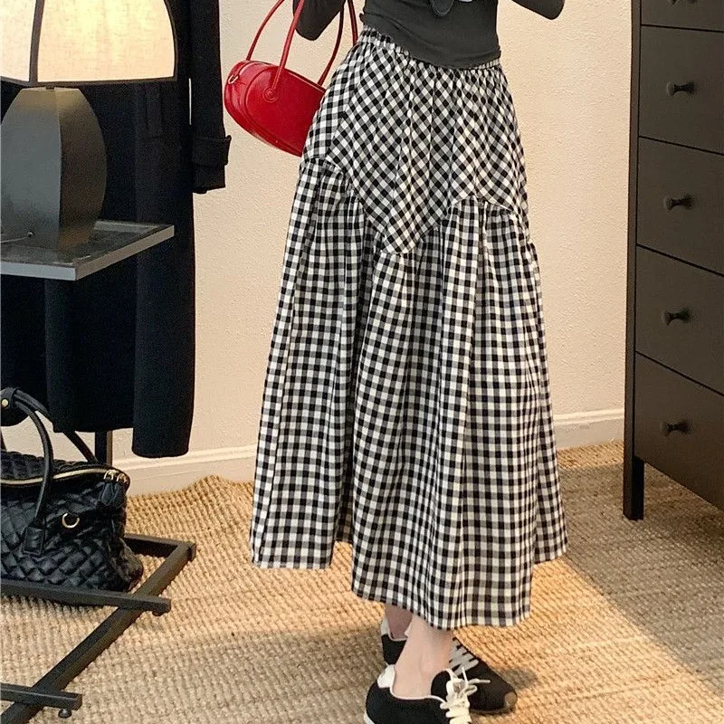 

2025 Korean Version Irregular Splicing Plaid Skirt Casual A-line Mid-length Skirts Women's Clothes Clothing Girl Female Style