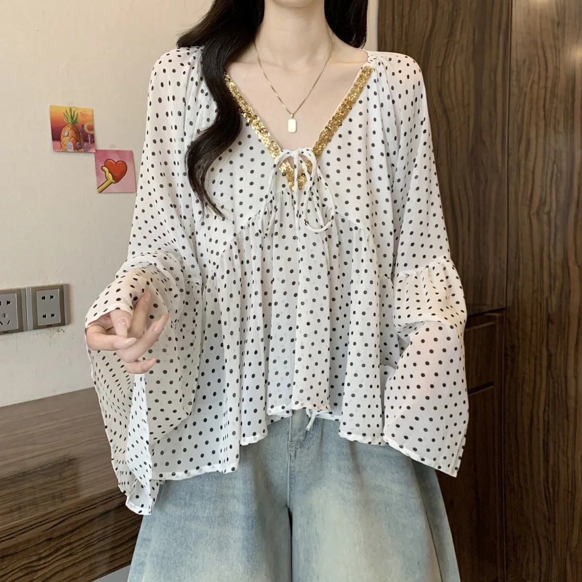 

Lined Women's Polka Dot Sequin V-Neck Chiffon Shirt Loose Belly Cover Top