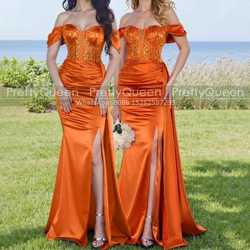 Orange Sequins Pleat Mermaid Bridesmaid Dresses Off Shoulder Customized High Slit Long Trumpet Wedding Party Dress