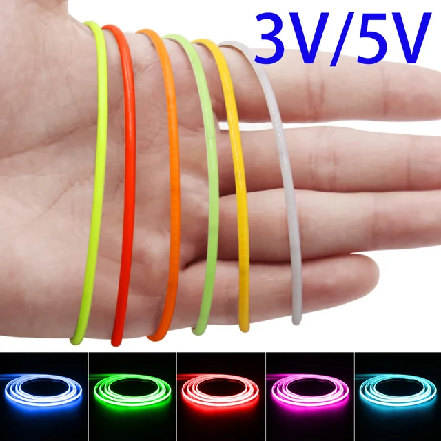 Fita de LED COB Ultra Fina 3V 5V 2.7mm Alimentada por Bateria DIY Mini Figura 480LED/m Fita Flexível Luz Vermelha Branco Quente Regulável