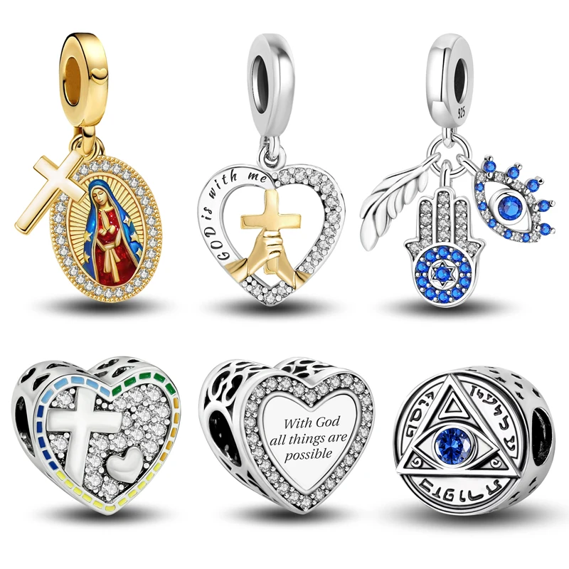 925 Sterling Silver Love Heart Prayer Cross Series Charms Bead Diy Bracelet Bangle Making Gift of High Quality Fine Jewelry