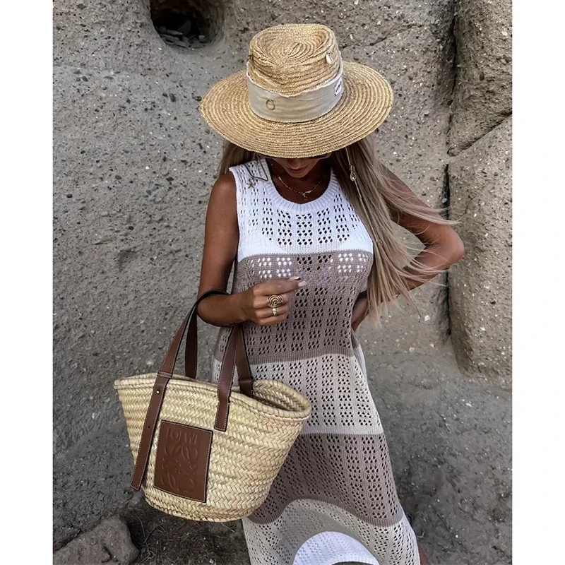 2024 الكروشيه التستر الشاطئ محبوك مثير الجوف خارج فستان صيفي المرأة فستان الشمس انظر من خلال تونك البيكينيات التستر بحر