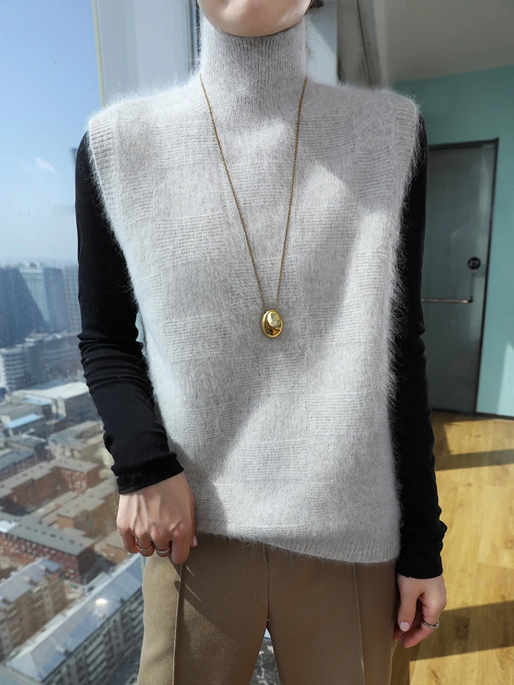 

TLOML Women 100% Mink Cashmere Sweater Turtleneck Sleeveless Pullover Vest Autumn Winter Soft Warm Casual Mink Cashmere Knitwear