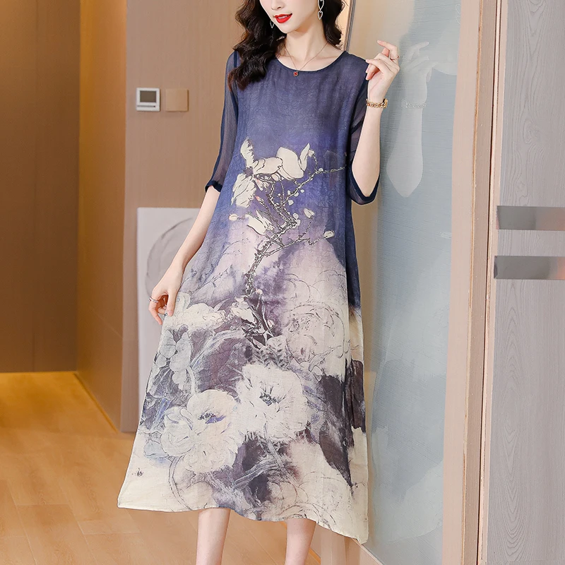 Women Floral Beach Light Loose Midi Dress 2024 Korean Vintage Casual Party Dress Summer New Short Sleeve Elegant Bodycon Vestido