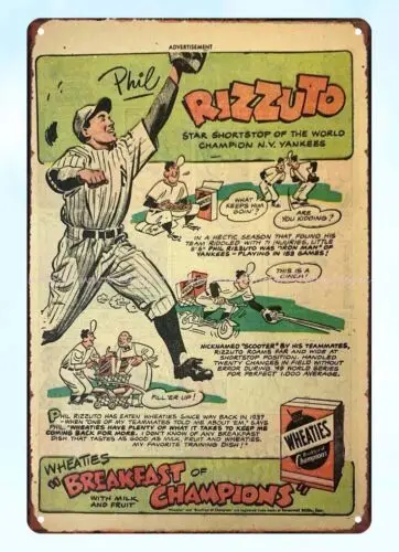 office ideas 1950 Wheaties cartoon ad PHIL RIZZUTO  metal tin sign