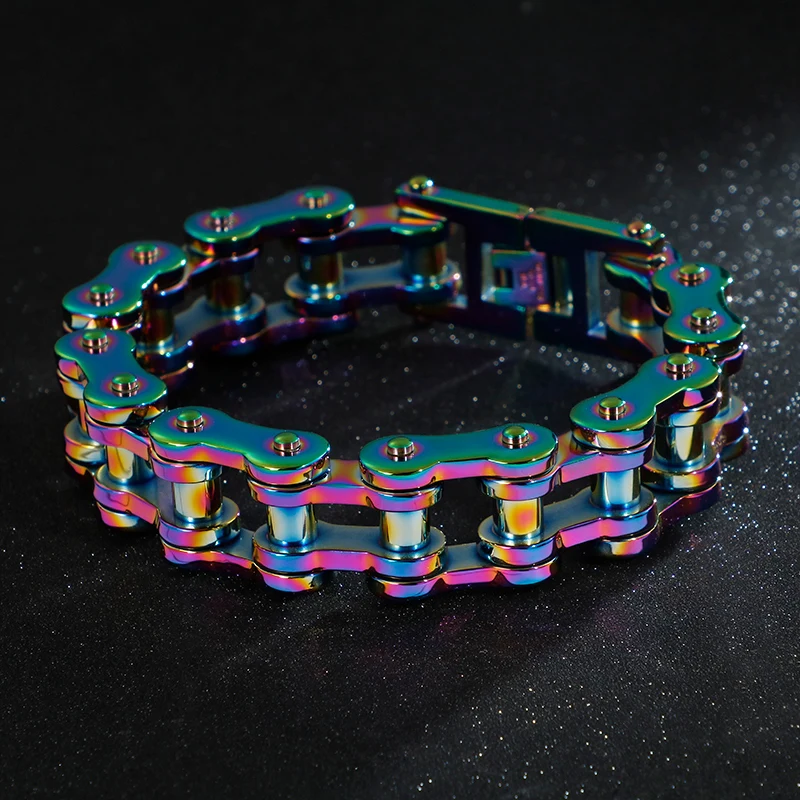 18mm Heavy Punk Rainbow Bike Biker Motorcycle Chain Bracelet Jewelry Men Rock Hiphop Blue Titanium Steel Bicycle Link Bangle