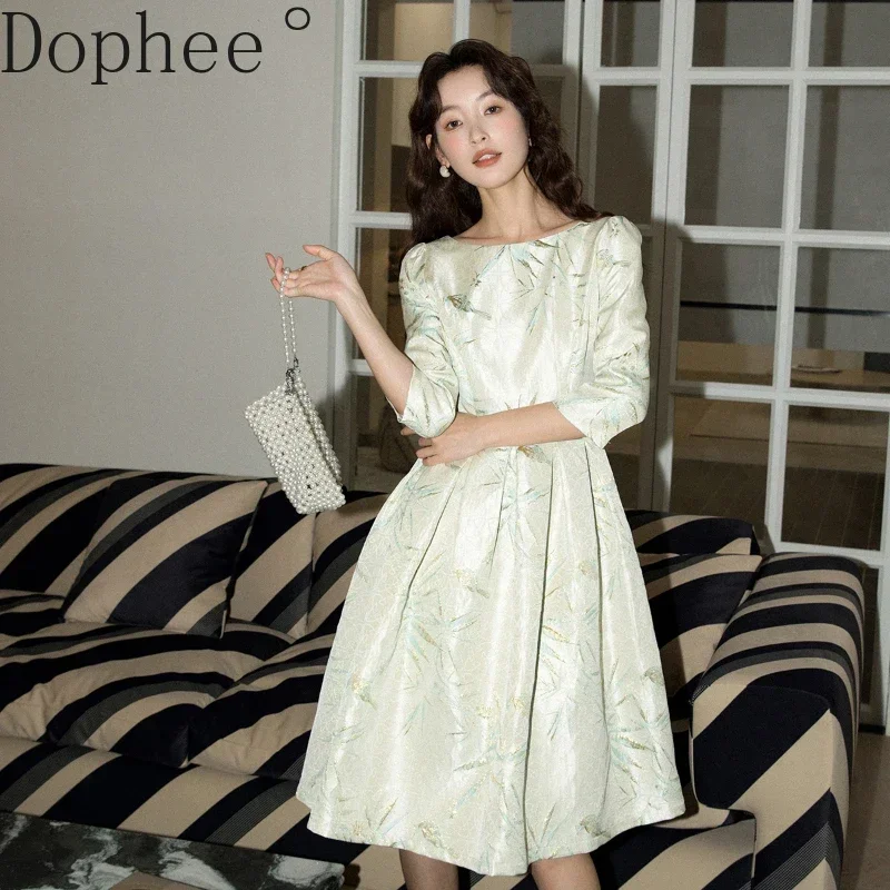 2025 New Spring Lady Formal Dress Elegant O-neck Jacquard Dress High Quality Luxury 3/4 Sleeve Mid-long Kne--length A-line Dress