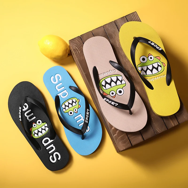 Cartoon Men Slippers Summer Men Flip Flops Quality Beach Slippers Non-slip Indoor Bathroom Slides Rubber Sole Zapatos Hombre