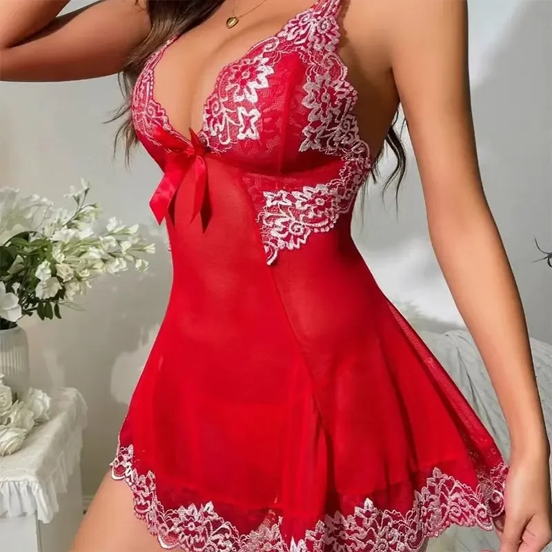 Plus size pijamas para mulheres sleepwear sexy profundo v vestidos eróticos requintado bordado mini saia curta babydoll camisola aberta