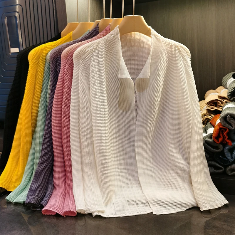 

Miyake Pleated Corn Kernel Cardigan 2023 Summer New Standing Collar Long Sleeve Top Commuter Fashion Shirts for Women