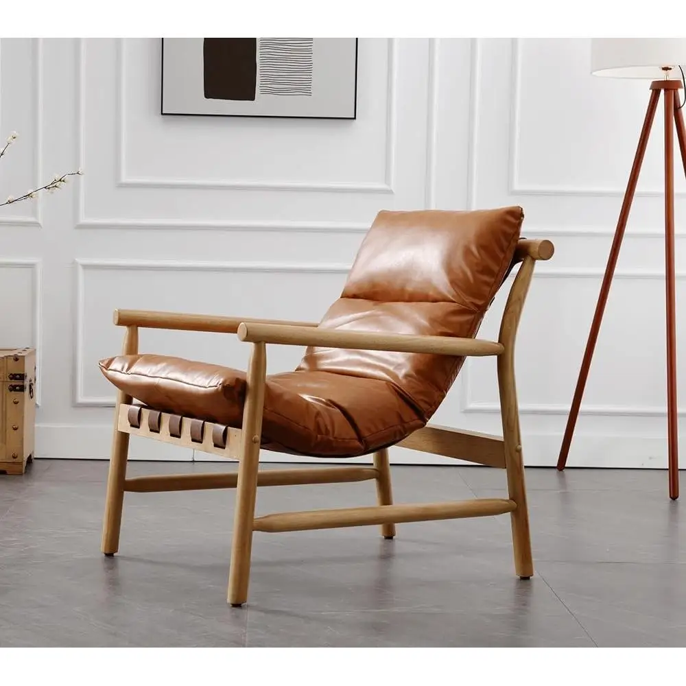 Kursi Aksen Kulit Imitasi Kursi Santai Modern Kursi Baca Nyaman Rangka Kayu Solid Desain Ergonomis Alas Kaki Dapat Disesuaikan Kokoh