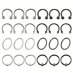 24Pc/Set Stainless Steel Horseshoe Circular Rings, Nose Eyebrow Tragus Lip Ear Hoop Ring, Piercing Unisex Punk Cool Body Jewelry