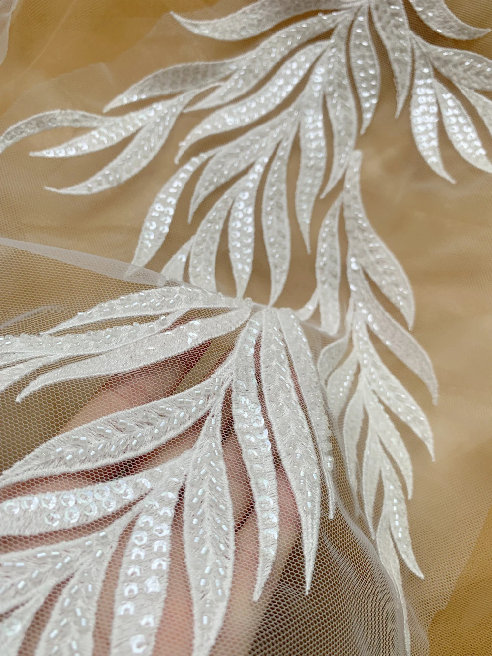 Advanced Customized Wedding Dress Bead Embroidery Leaf Lace, Mirror Flower, Off White Applique, DIY Bridal Accessories, 1Pair