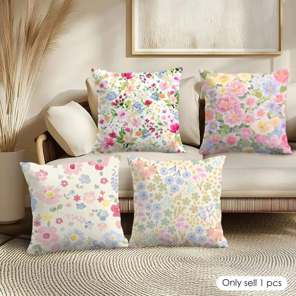 Fresh Botanical Flower Print Cushion Cover Soft Short Plush Pillow Cover Smooth Cozy Texture Aesthetic Cushion Case Home Decor