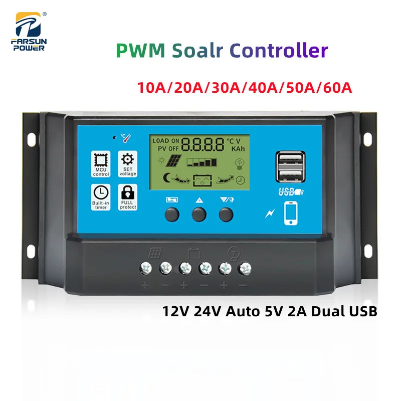 

PWM Solar Charge Controller 10A 20A 30A 40A 50A 60A Charger Regulator For 12V 24V Battery 5V 2A Dual USB Intelligent LCD Display