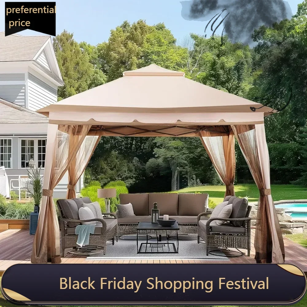 11x11 Outdoor Canopy for Shade and Rain with Mosquito Netting, Outdoor Pop up Gazebo Waterproof with Soft Top Metal Frame