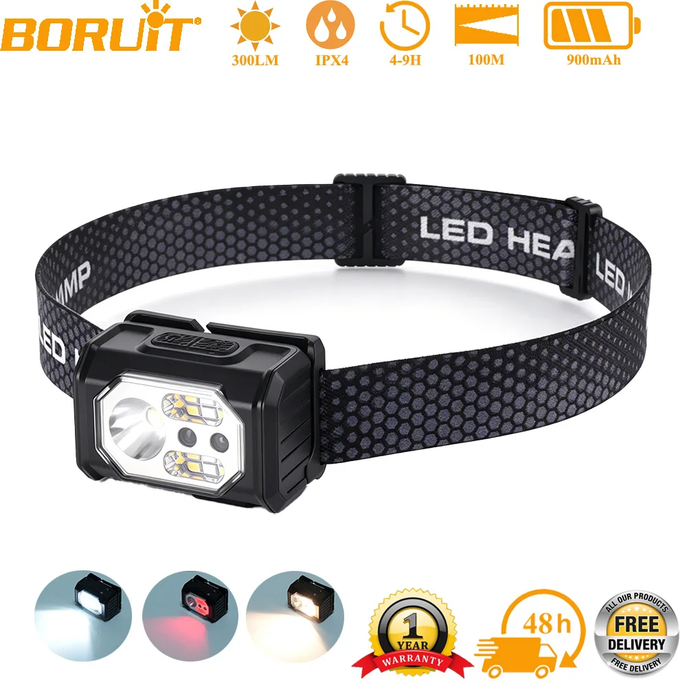 

BORUiT LED Induction Headlamp USB Rechargeable 6 Modes IP44 Waterproof Outdoor Head Torch Portable Headlight for Camping Hiking