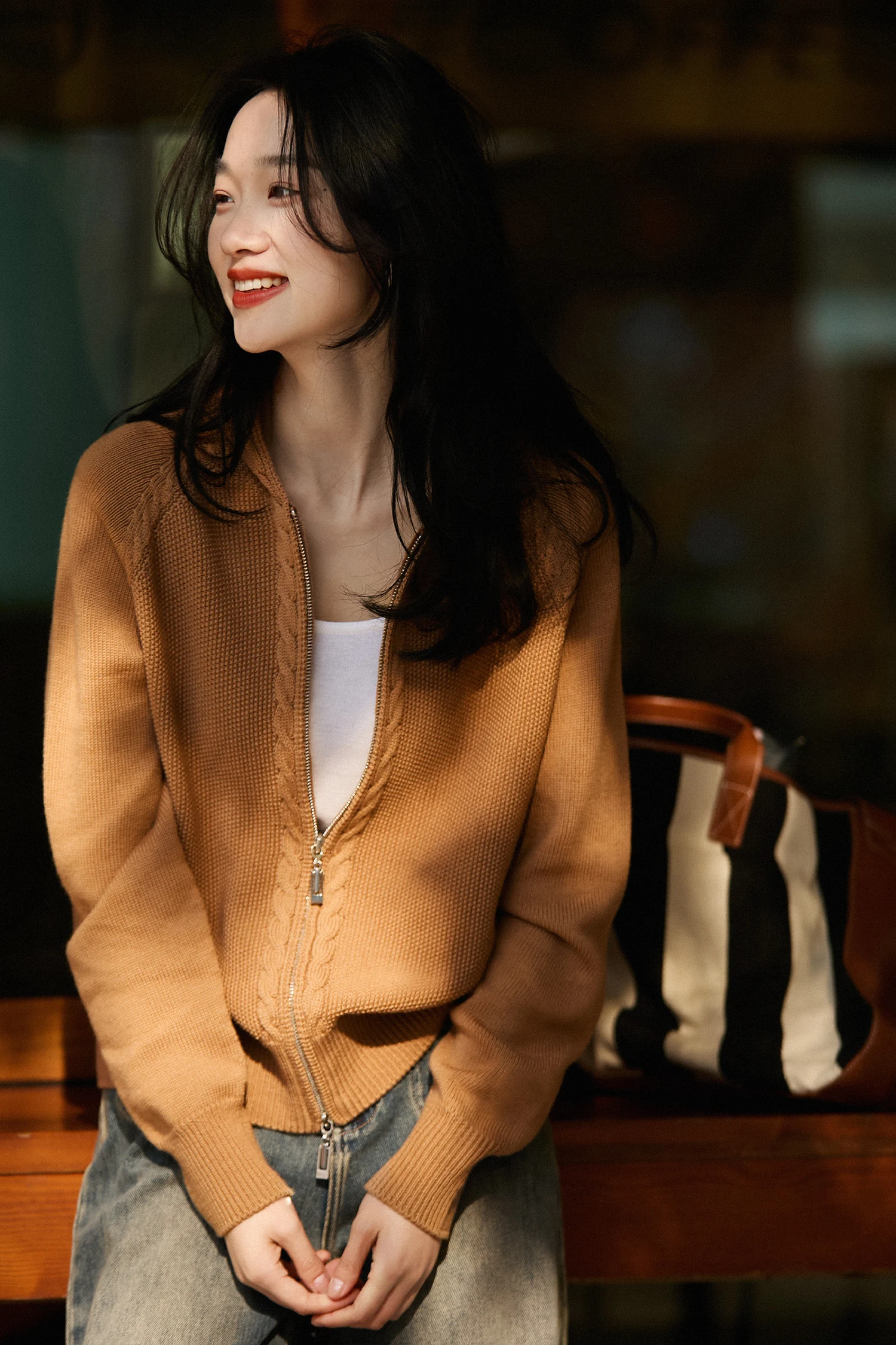 

Winter double zipper cashmere knit hooded cardigan sweater woman