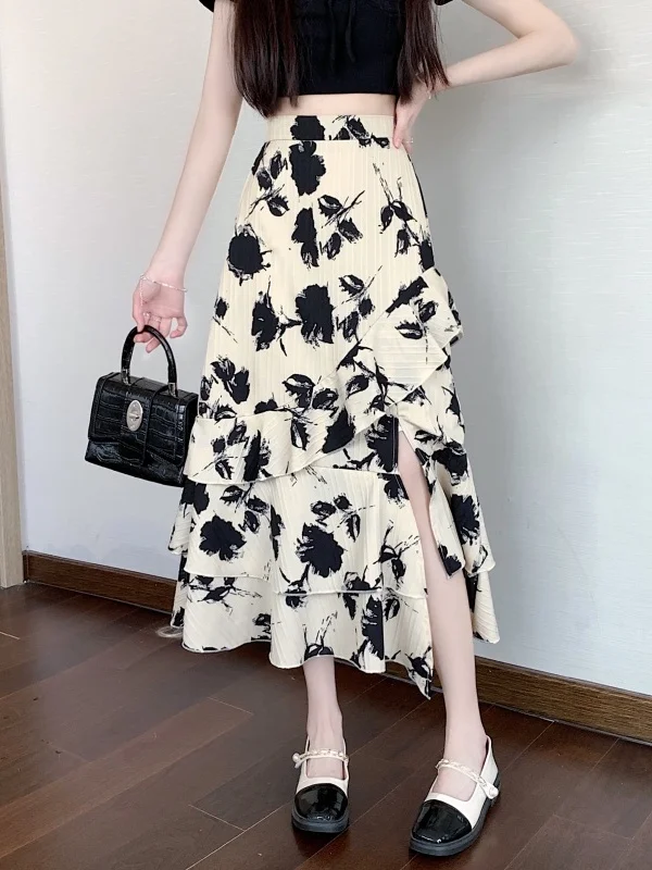 

Летняя женская элегантная юбка А-силуэта средней длины с цветочным принтом, асимметричная, с высокой талией, разрезом и эффектом похудения, из полиэстера