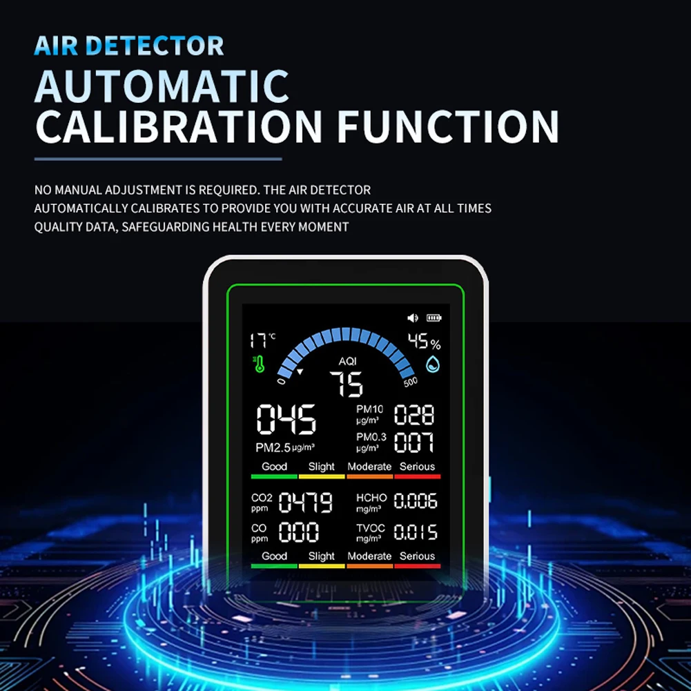 เครื่องตรวจวัดคุณภาพอากาศ 10-in-1 ตรวจจับ HCHO แบบเรียลไทม์ พร้อมหน้าจอแสดงผล ตรวจวัดอุณหภูมิและความชื้น สำหรับบ้าน รถยนต์ และพืช