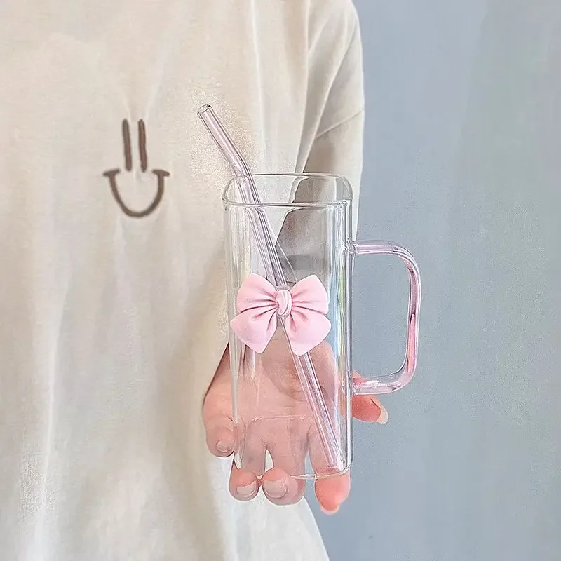 350 мл квадратная кружка с крышками и соломинкой с бантом, чашка для воды, бытовая чашка, женские чашки для молока, кофе с розовой ручкой, подарочное стекло Moet
