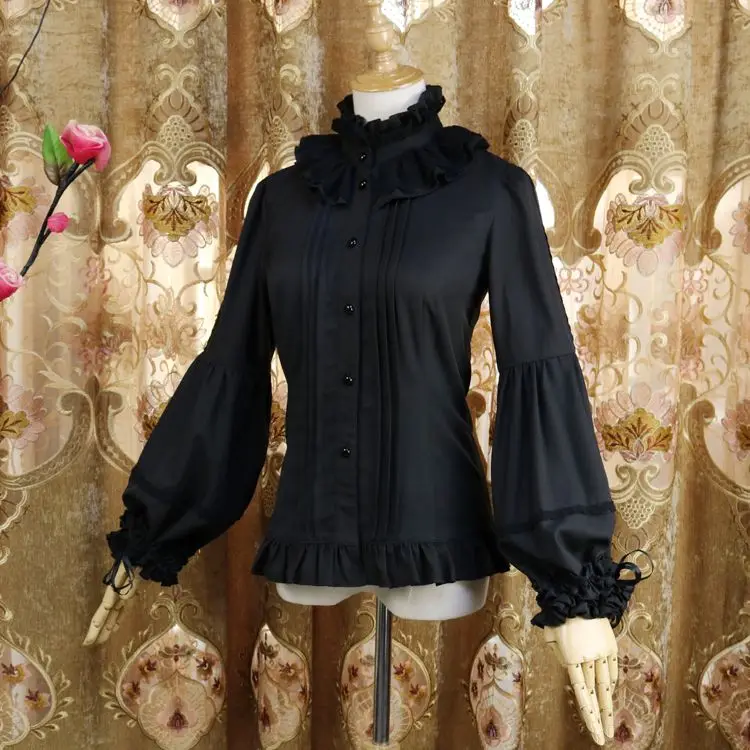 Gothic Lolita Blouses Vrouwen Zoete Elegante Kanten Ruches Coltrui Slanke Shirts Japanse Herfst Lange Mouw Tops