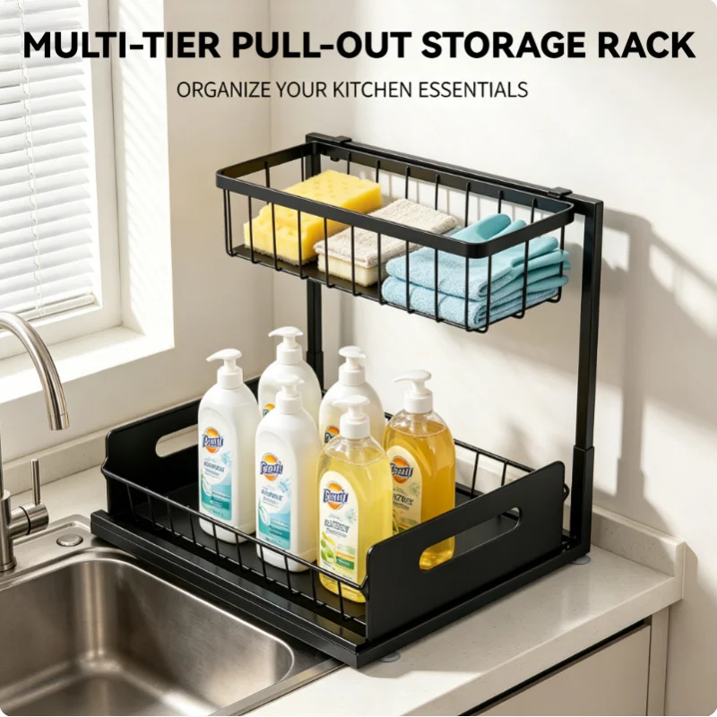 

2026 New 2-Tier Pull Out Under Sink Organizer Rustproof Metal Sliding Cabinet Storage Rack for Kitchen Bathroom Cleaning Supplie