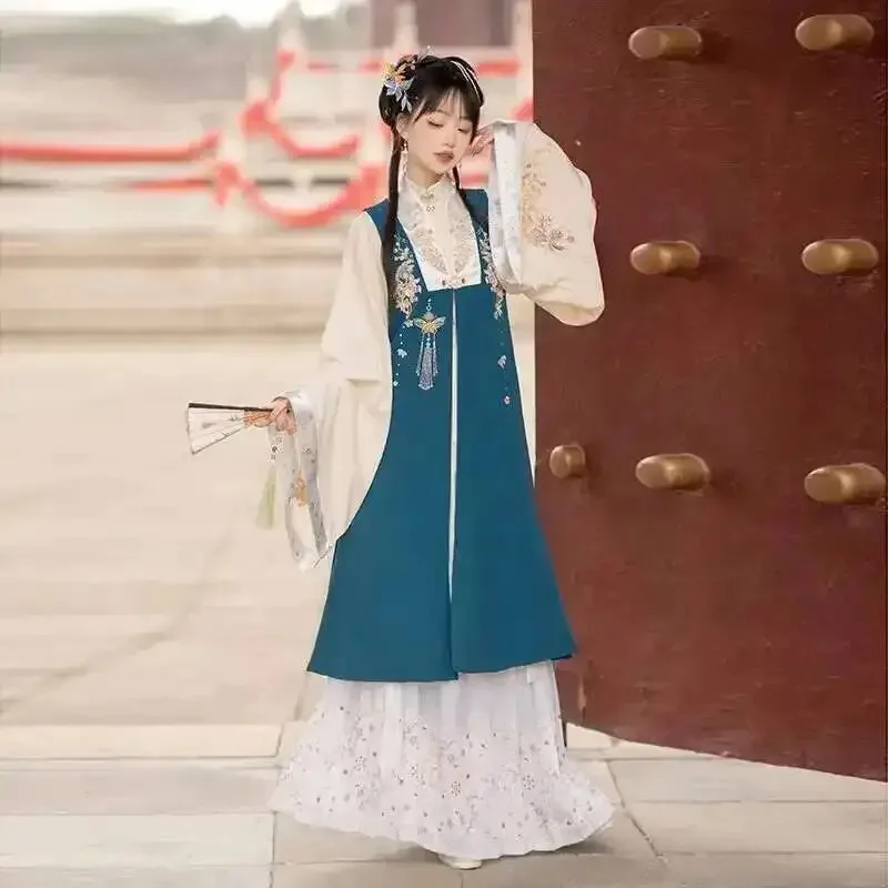 

DY20Green Clothes[Yunzi]Ming Dynasty Hanfu Women's Embroidery Bijia Standing Collar Double Breasted Long Shirt Hundred Layer Ski