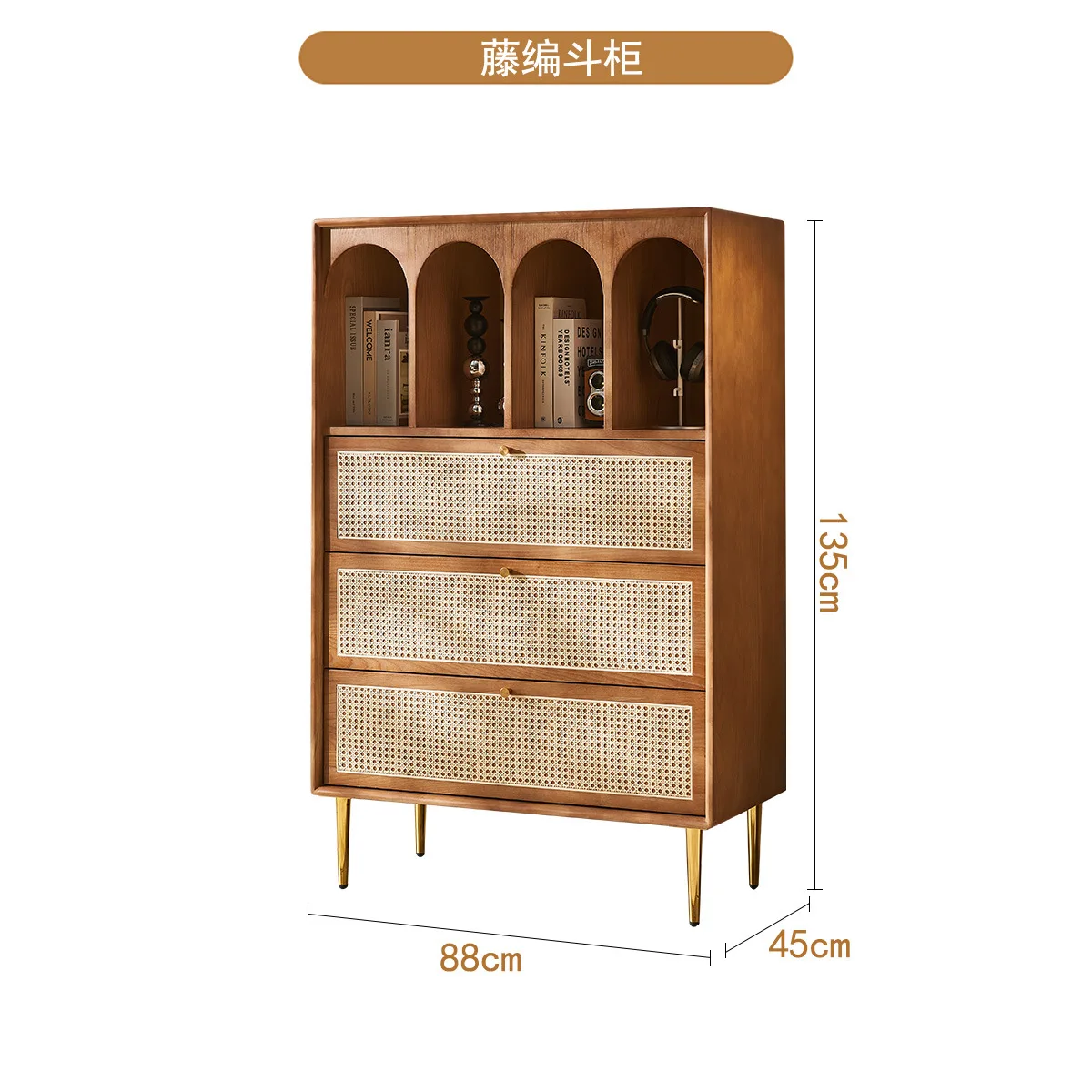 Retro solid wood rattan chest cabinet medium antique locker bookcase multi-functional entrance display cabinet wabi sandy wind