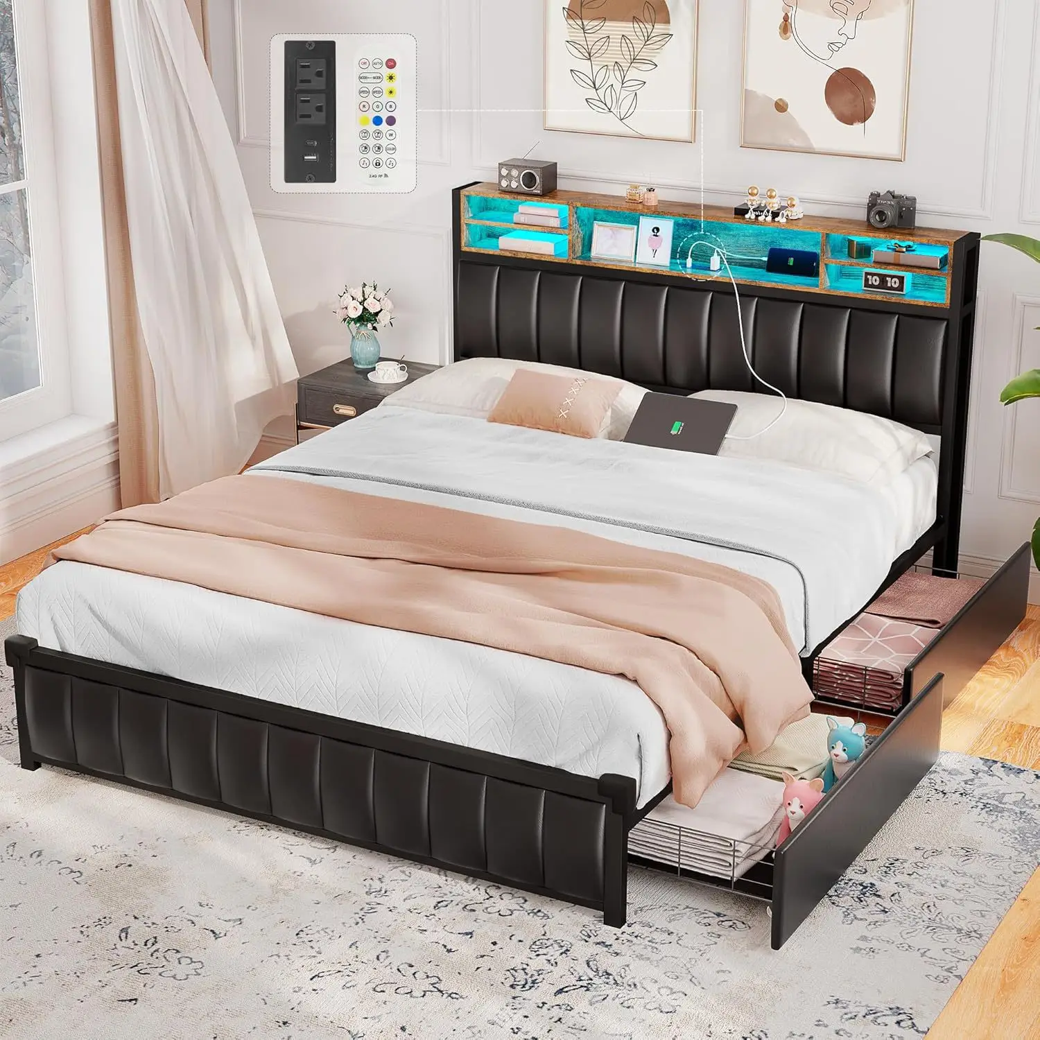 4 storage drawers and bookcases, headboard, upholstered platform, bed frame