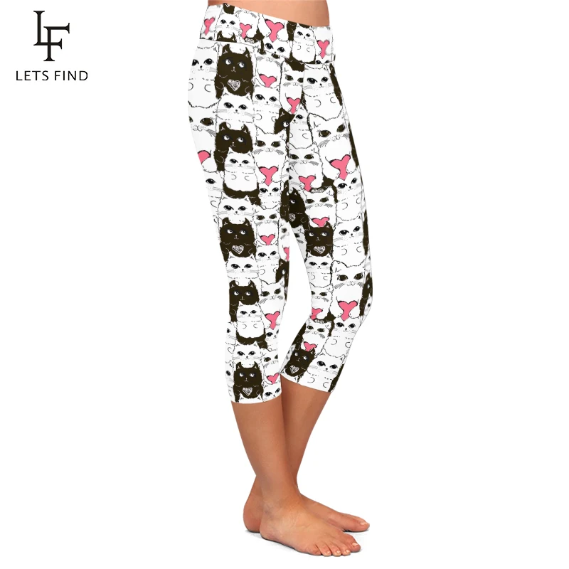 LETSFIND-Leggings Capri elásticos para mujer, pantalones con estampado Digital 3D de Gato Negro y el gato blanco con el corazón, cintura alta, Fitness suave