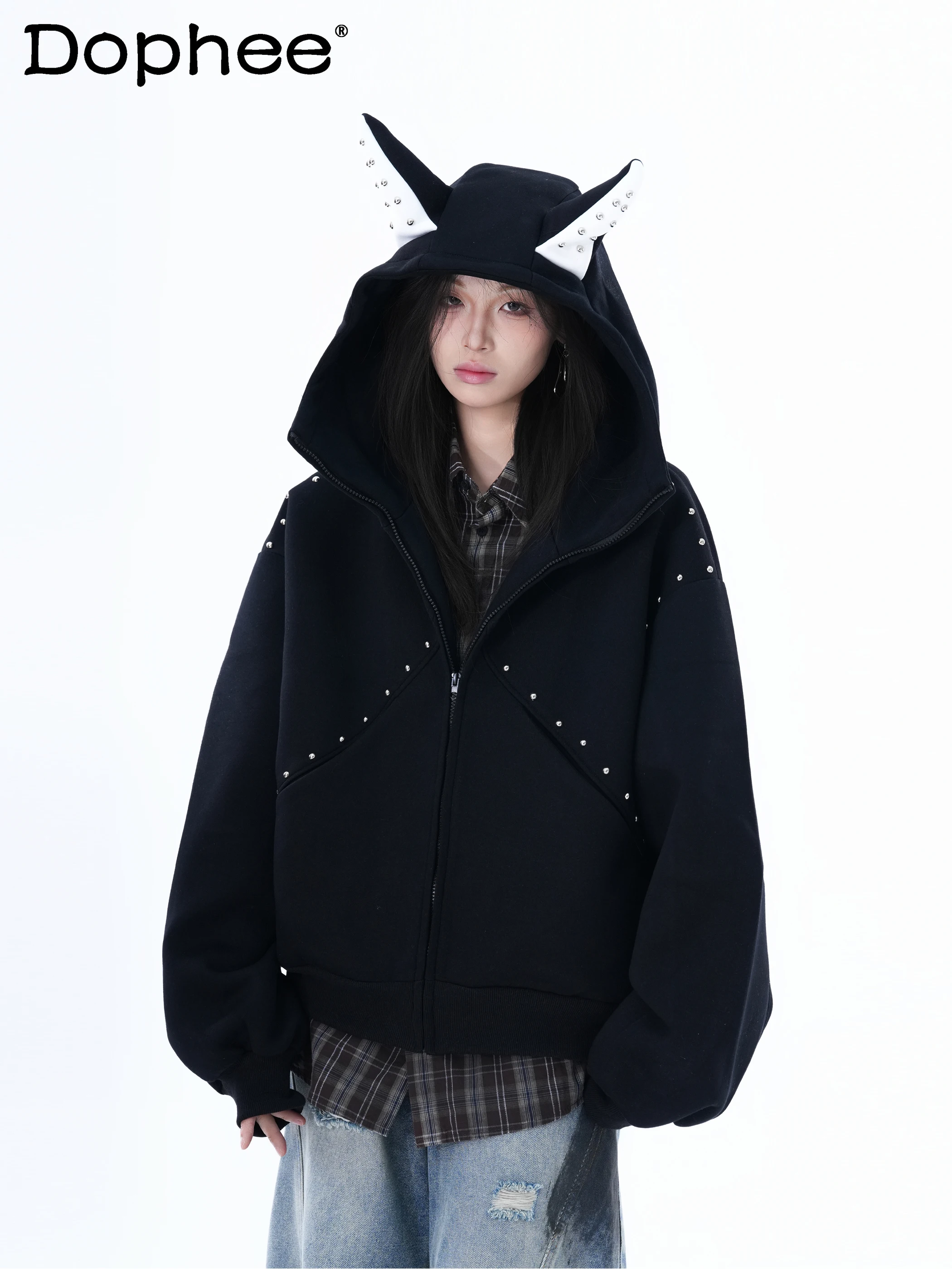 Y2K Subculture American High Street Kartun Rivet Zipper Cardigan Sweatshirt untuk Wanita Jaket Kasual Longgar Trendi