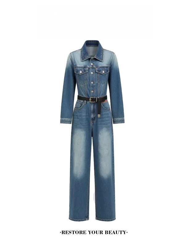 

Уникальный джинсовый комбинезон Ele: женский комплект для работы, весна-осень, новинка, модные широкие брюки с высокой талией, стильная находка