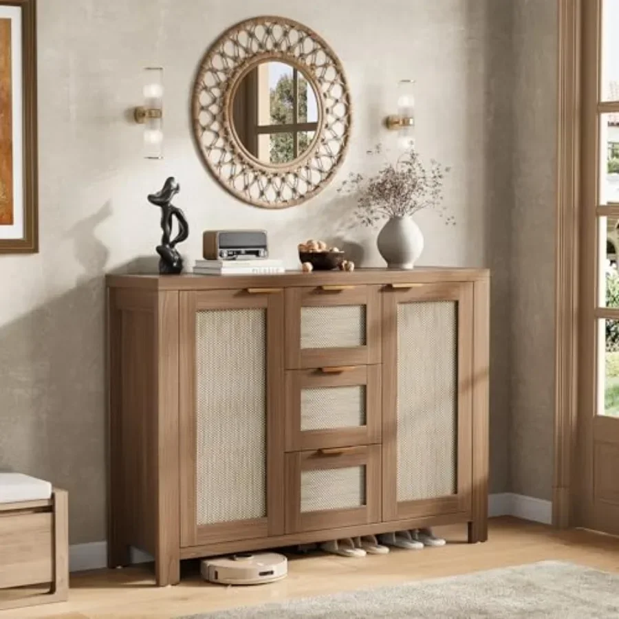 Boho buffet sideboard for dining room, solid wood, natural beige, spacious storage with rustic charm
