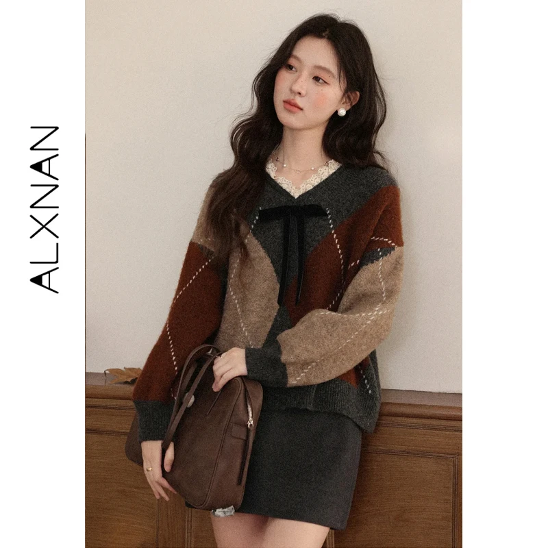 

ALXNAN Women's Sweater Colorblock Diamond Pattern V-neck Lace Panel Bow Sweater Elegant Loose-fit Long Sleeve Tops Female L57833