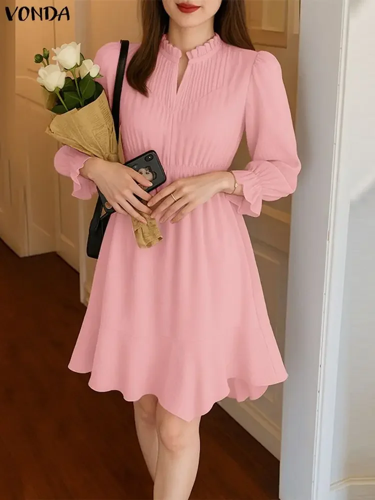 

VONDA размера плюс 5XL женское сексуальное летнее мини-платье 2025 модное короткое вечернее платье с рукавами 3/4 и v-образным вырезом плиссированное однотонное платье