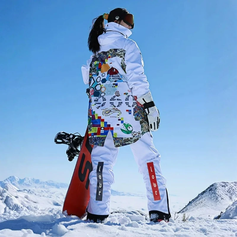 Women's Waterproof Windproof Ski Suit Set White Clothes Winter Sports Unisex Print Snow Jacket Adjustable Shoulder Strap Pants