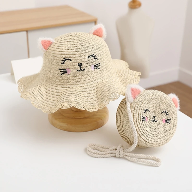 Children\'s Summer Straw Hat, Girls\' Cute Smile, Wavy Cat\'s Ears Steamed Cat-ear Shaped Bread Straw Hat Matching Bag